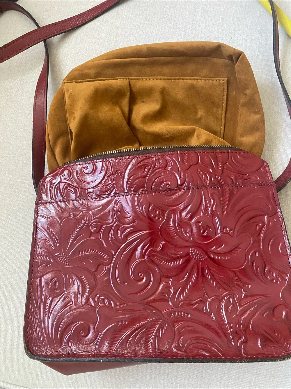 Patricia Nash Vallata Tooled Leather Crossbody Bag Ruby Red Floral 10x8x4